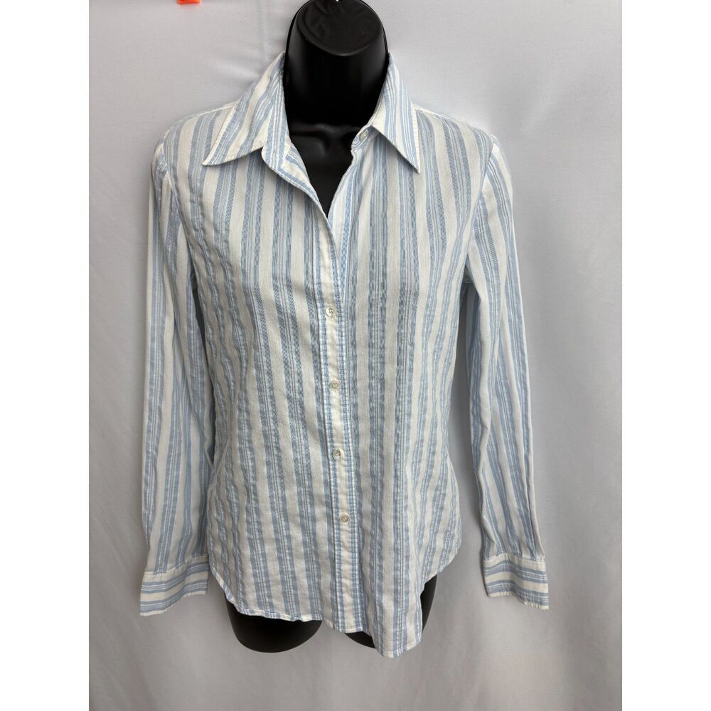 Theory Womens Button Front Long Sleeve Collared Shirt Striped White Blue Size S